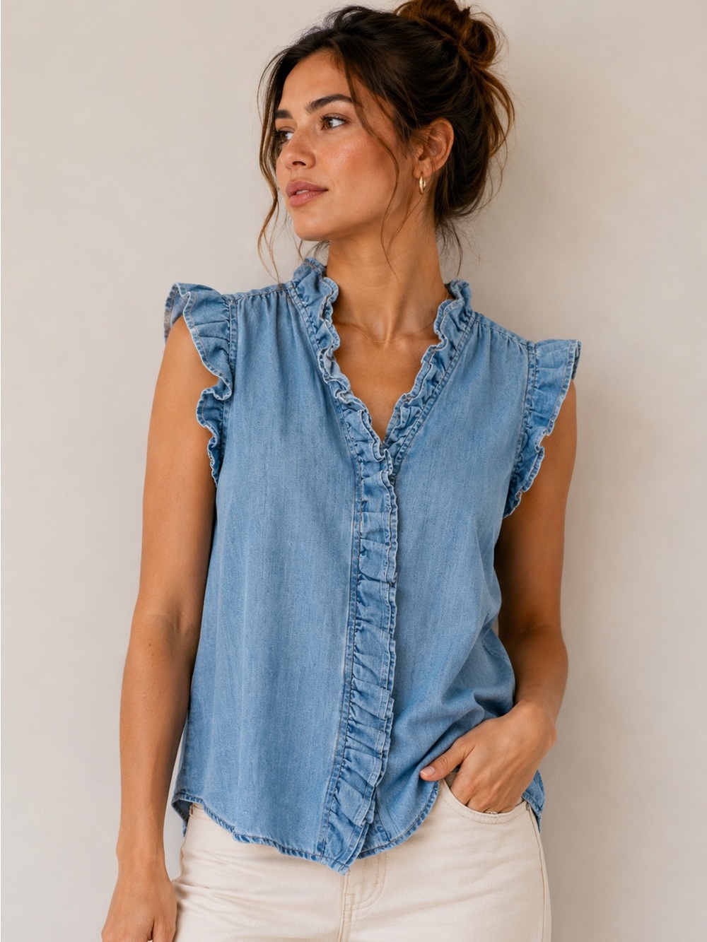 NWT Industry‎ Women’s XS Sleeveless Denim Modern Boho Chic Romantic Ruffle Top